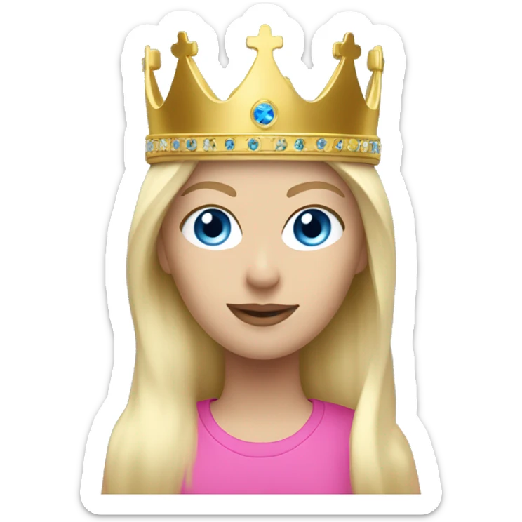 White blonde woman with blue eyes and a pink ski mask on and a gold crown sticker