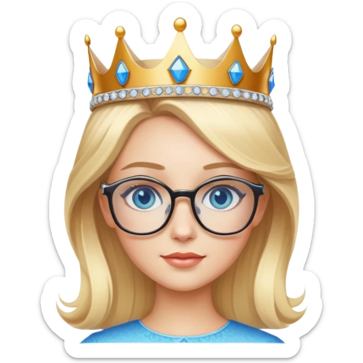 beautiful princess with blonde hair, bright blue eyes, wearing stylish glasses and a crown sticker
