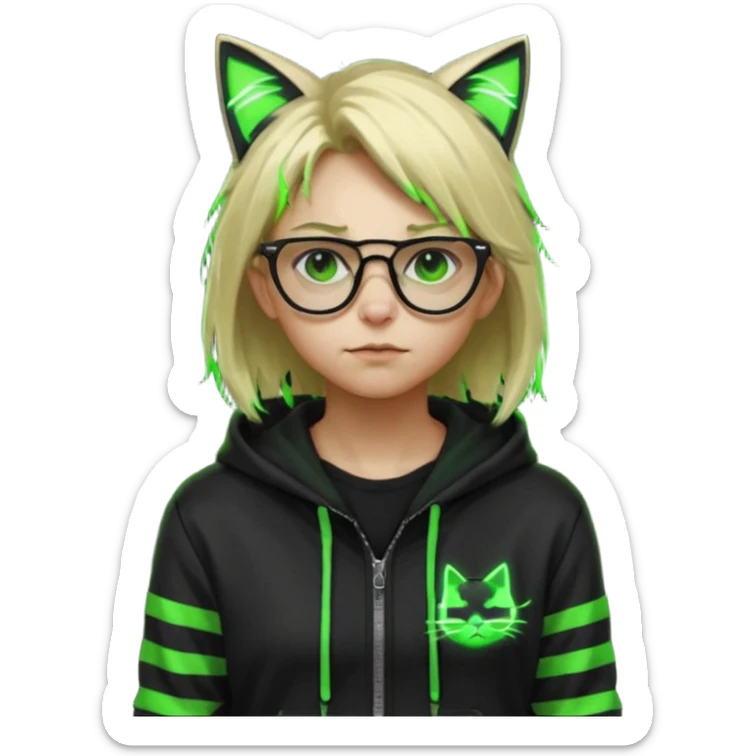 Light blond, slightly messy hair
Black glasses
A black hoodie with cat ears
Neon green details on the jacket and pants (glowing lines and stripes)
An overall hacker / cyberpunk style look
A neutral facial expression sticker