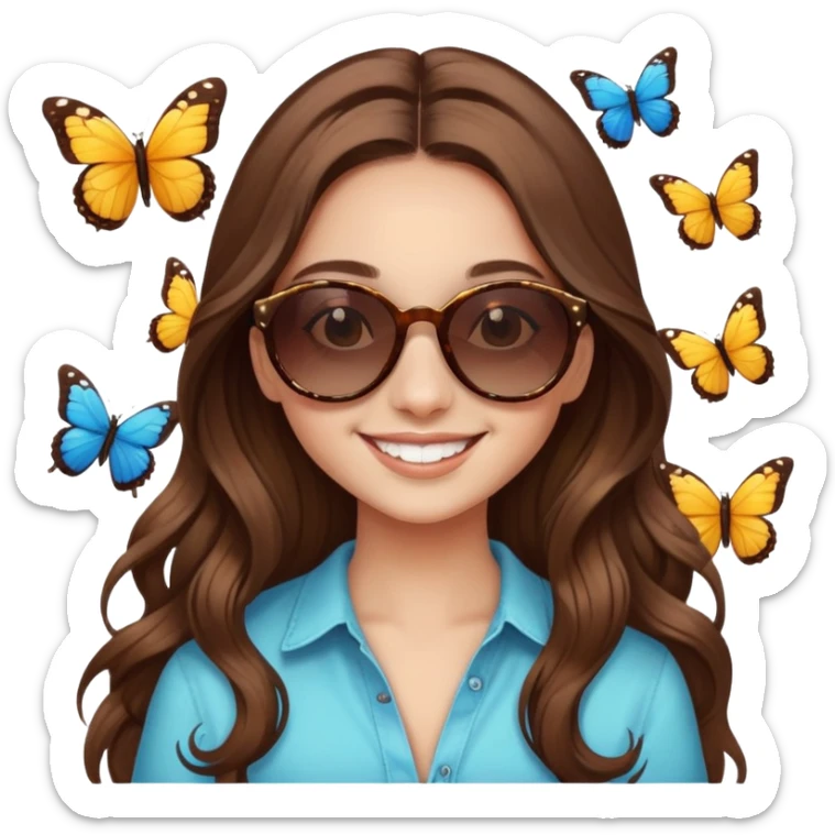 Smiling with butterflies and sunglasses and long brown hair sticker
