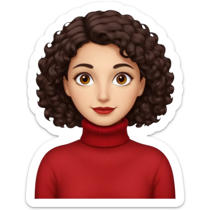 30 yr iranian woman dark brown hair curly wavy short hair, red turtle neck sweater, very thick eyebrows, light skin, dark brown eyes, small smile sticker