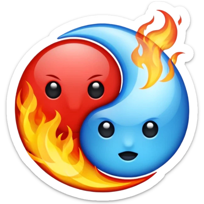 The fire and water emojis are in the form of the yin-yan symbol in front of a completely black background. sticker