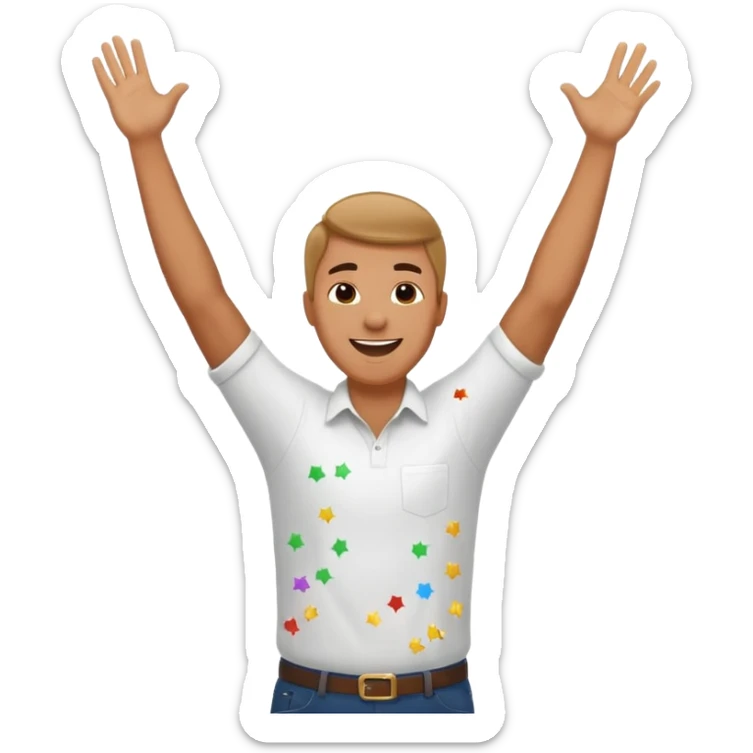 hombre sonriendo saltando con los brazos hacia arriba saltando, con fuegos artificiales, confites volando, sticker