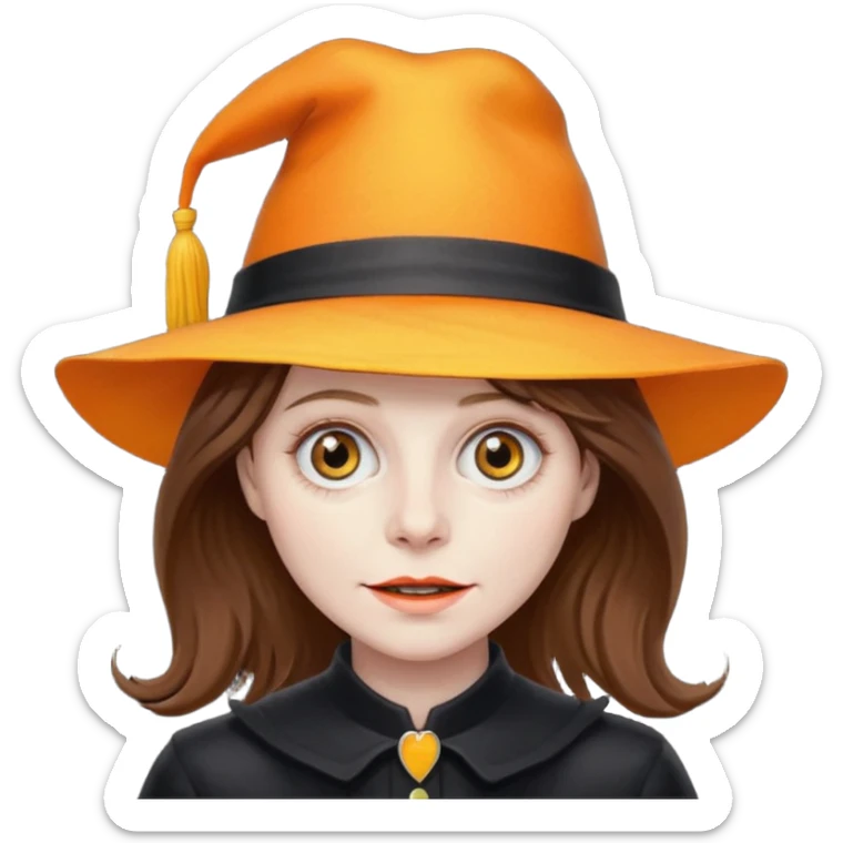 babadook with brown hair and a hat that's bright orange and yellow sticker