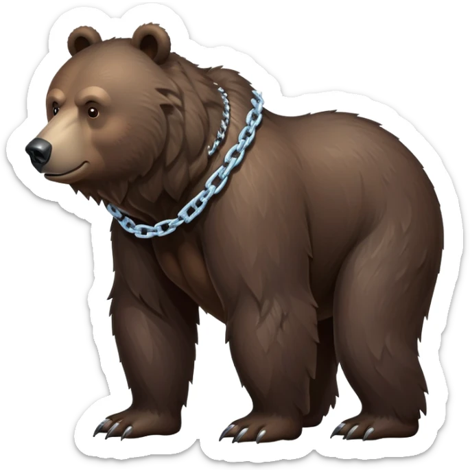 Full-body shot of realistic dark brown bear on all four legs, showing complete bear from head to tail, stern expression, ice chain collar sticker