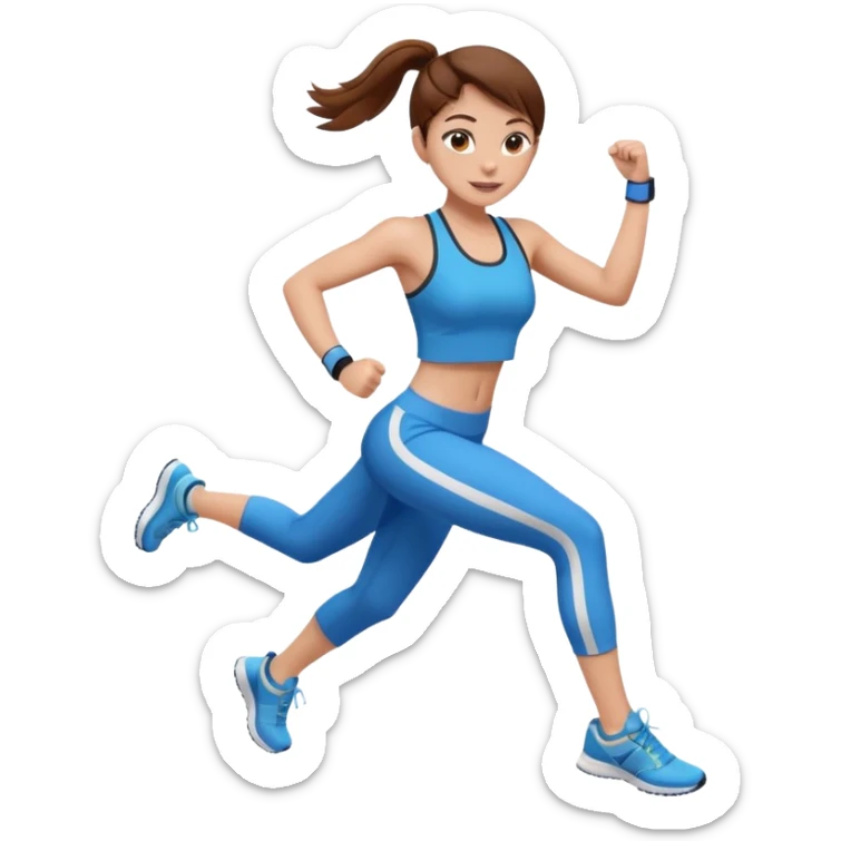 workout girl with brown hair, energetic pose, modern athletic outfit, emoji style sticker