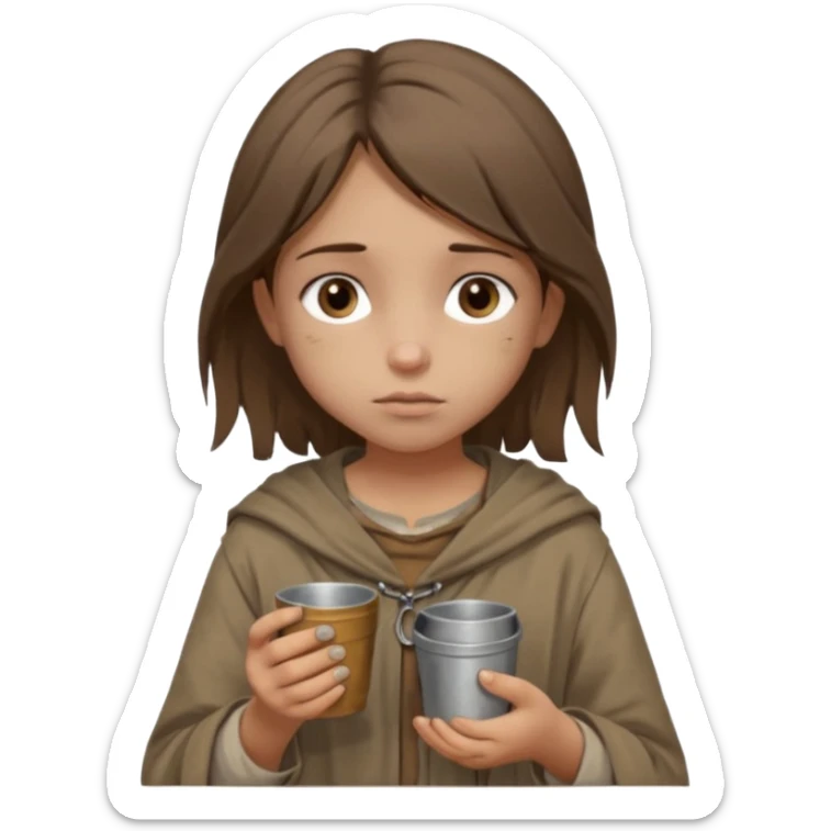 little beggar girl character, chest-up portrait, loose slightly messy hair, worn and oversized clothes in neutral earth tones, tired but gentle eyes, subtle dirt marks on face, holding small metal cups for coins, humble and innocent expression sticker