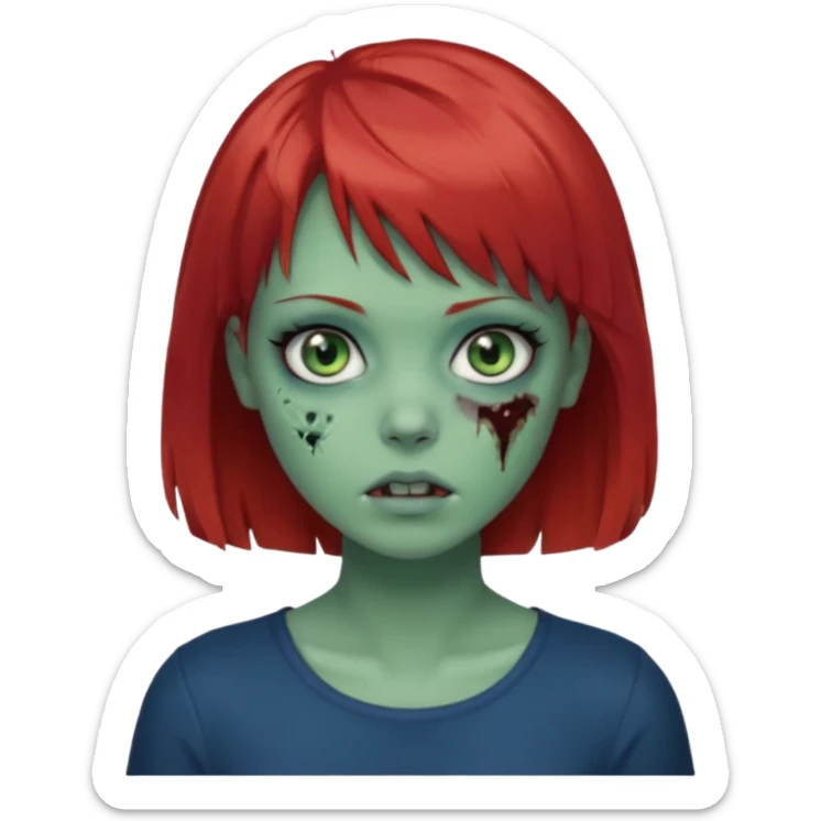 Zombie girl emoji with short red hair and bangs. Blue eyes, green skin, and a black top Her hair is slightly wavy sticker