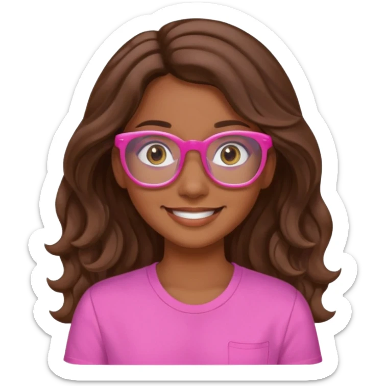 Una chica color de piel sea morena ligado con blanco ojos cafés una sonrisa 🙂 cabello largo ondulado y café camisa de color rosa y lentes de ver azules  sticker