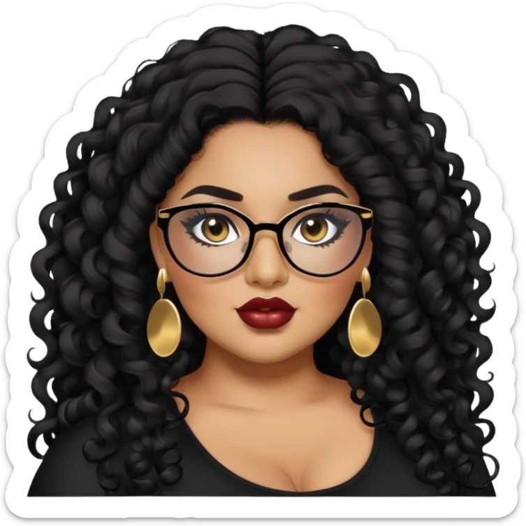 big plus size, latina, darker tan skin, long black curly hair, baddie,pretty, makeup, lipgloss, black eyeliner, long hair, SMALL gold earrings, black top, black glasses sticker