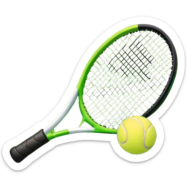 A tennis racket and a ball placed on the ground, with a tennis court in the background. The court lines and net are visible, emphasizing the structure and focus of the sport, creating a dynamic and energetic vibe. sticker