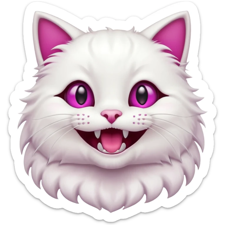 White cat, very happy open mouth smile, fangs showing, magenta eyes, black background, cute cartoon style sticker