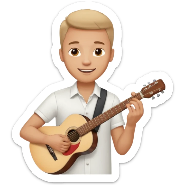 male memoji, man in a white shirt, holding a guitar, dreamy smile sticker