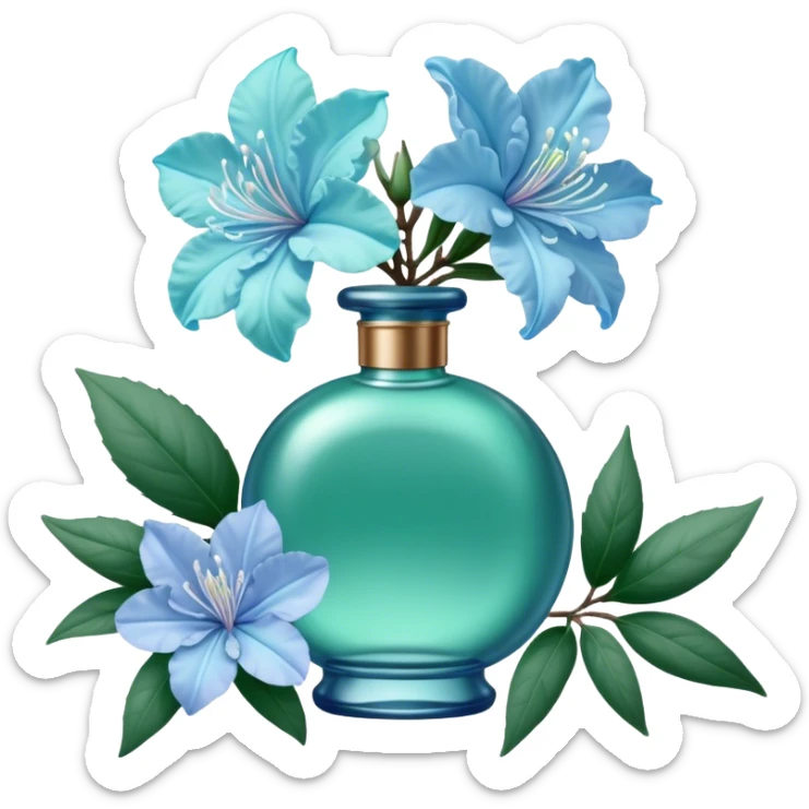 Aesthetic ensemble of soft blue azaleas alongside a charming vintage green perfume bottle.
 sticker