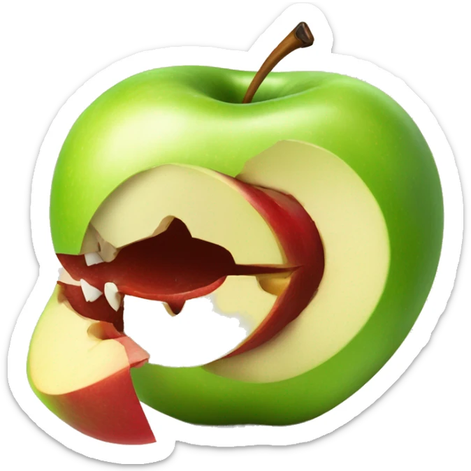a partially eaten apple with many bites taken out around the middle of the apple revealing some of the core sticker