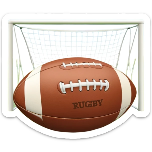 A rugby ball resting on a grassy field, with goalposts in the background. The scene captures the essence of the sport, with the field clearly marked and ready for a game, highlighting the intensity and teamwork of rugby. sticker