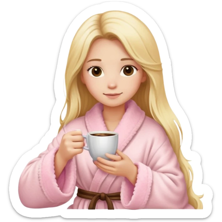 girl with long blonde hair sitting a cup of coffee wearing light pink fluffy robe sticker