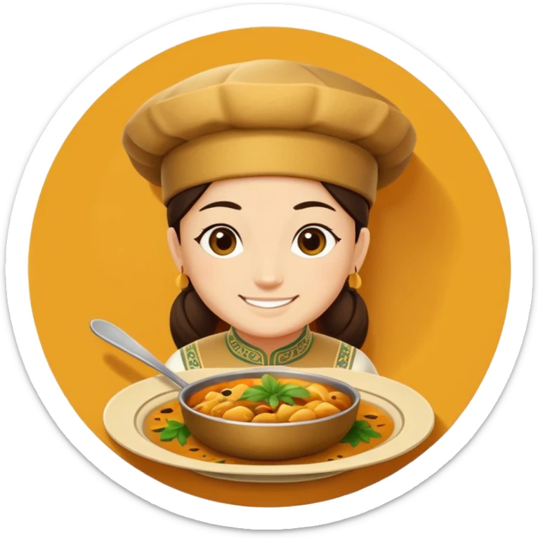 Uzbek cuisine humanless avatar in bright illustration. Classic dishes like plov, warm golden and earthy tones, simple shapes, flat design, high contrast, friendly and appetizing. sticker