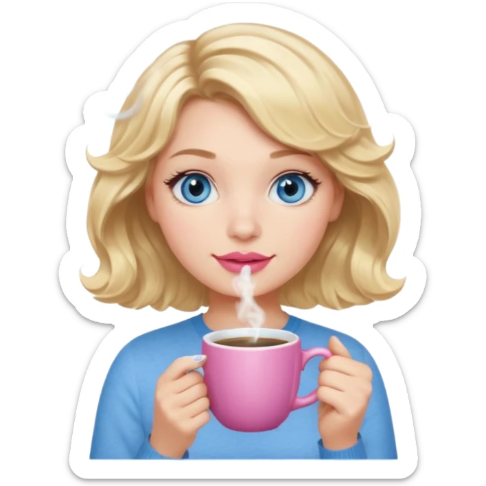 Girl Blonde short wavy hair,  blue eyes, cute blue top, long lashes, pink lips, holding white hot coffee mug sticker