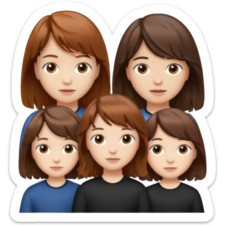 Two girls and a boy. Girl one has long, wavy, light to reddish-brown hair with bangs. Girl two has a dark-colored bob haircut. The boy has wavy, tousled, light to reddish-brown hair with a right side parting.
 sticker
