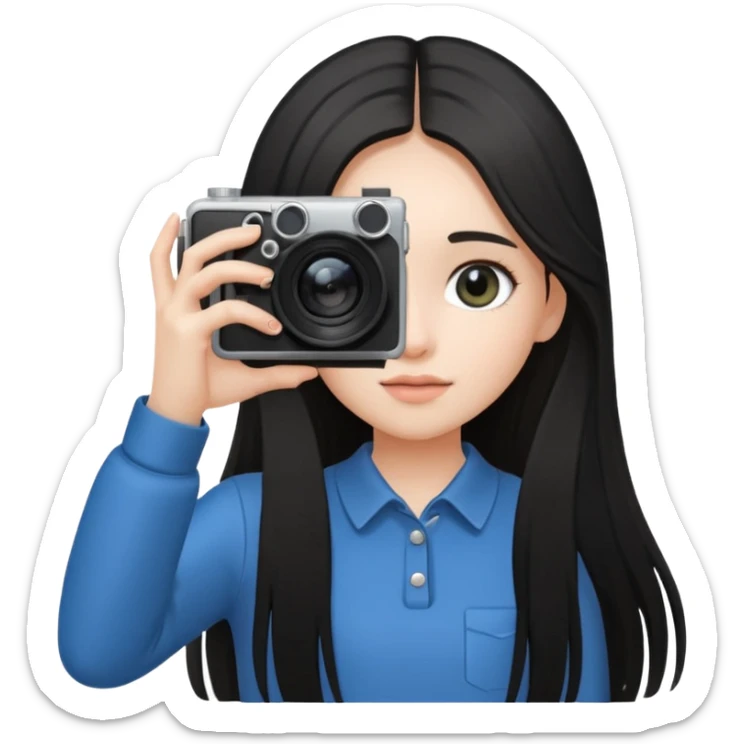A young fair-skinned girl with o black and long hair holding a camera up to her eye, looking through the viewfinder, standing in natural light, soft focus background, candid photography style, wearing a minimalist outfit, artistic and modern atmosphere. With four fingers sticker
