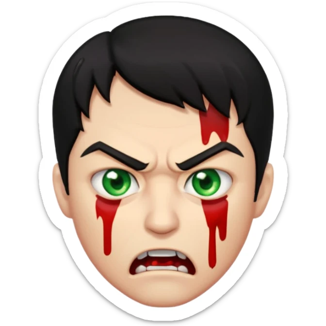 guy with black hair and blood at the mouth with green eyes very angry sticker