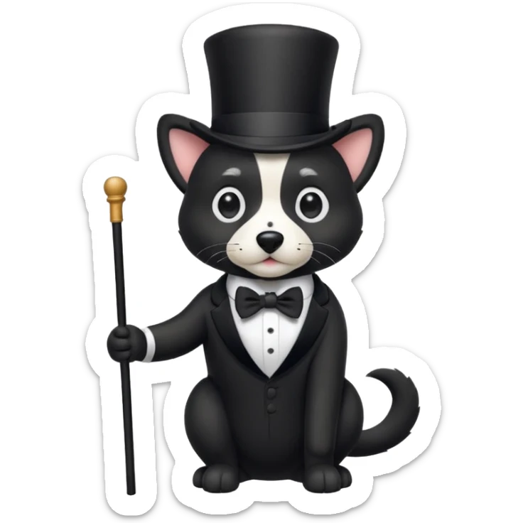 A black dog with white on his nose and chest in almost a tuxedo way with a top hat and a cane looking extra adorable  sticker