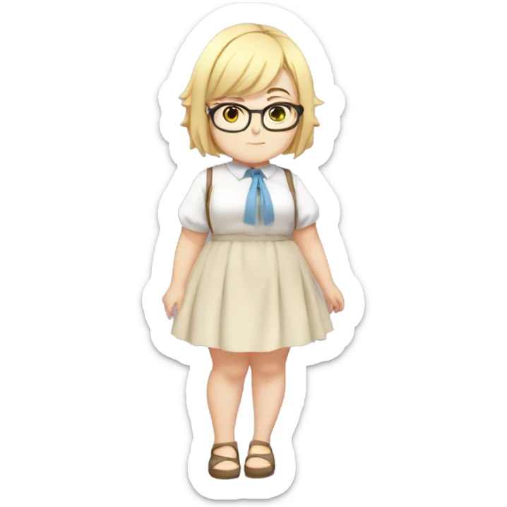 Chubby anime girl with glasses and short blond hair, full body wearing cute dress sticker