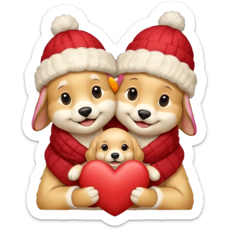 English cream golden retriever cartoon cuddling with winter hats and heart in between them sticker