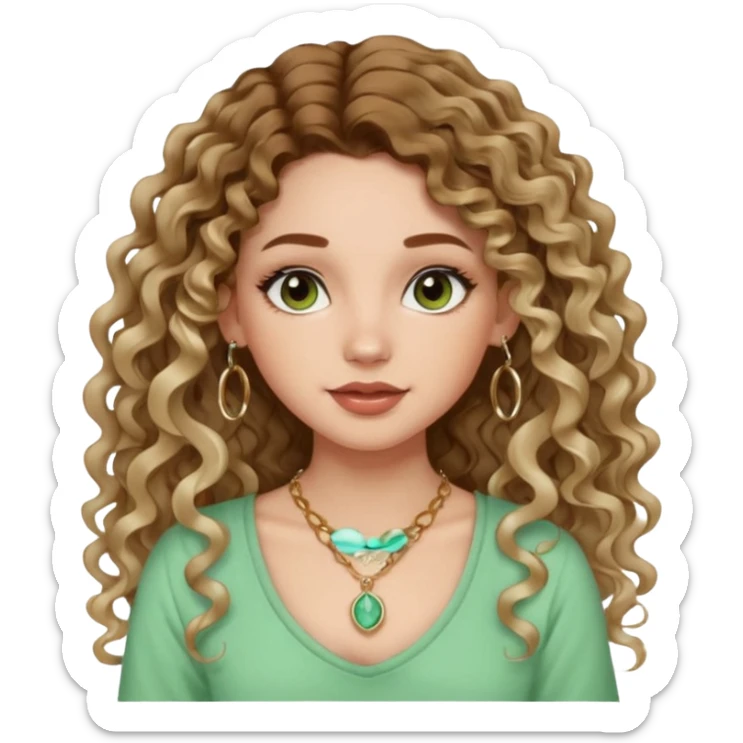 cute girl with not volominous VERY LONG curly/wavy balayage hair brown eyes full lips cute makeup cute necklace and hoop earrings white girl with light green top sticker