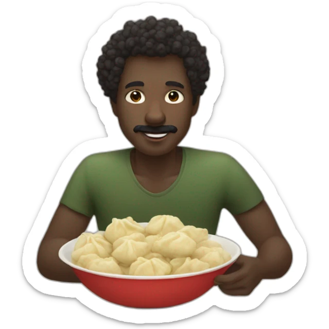Dark skin guy with mustache and short curly hair eating heaps ofdumplings sticker