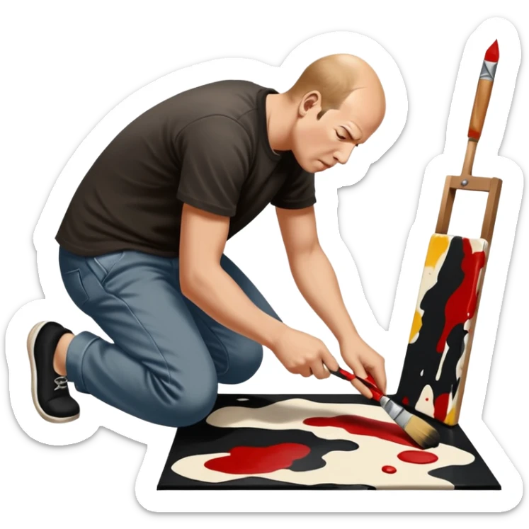Jackson pollock the abstract artist leaning over to flick black white and red paint from a brush onto a canvas at his feet sticker