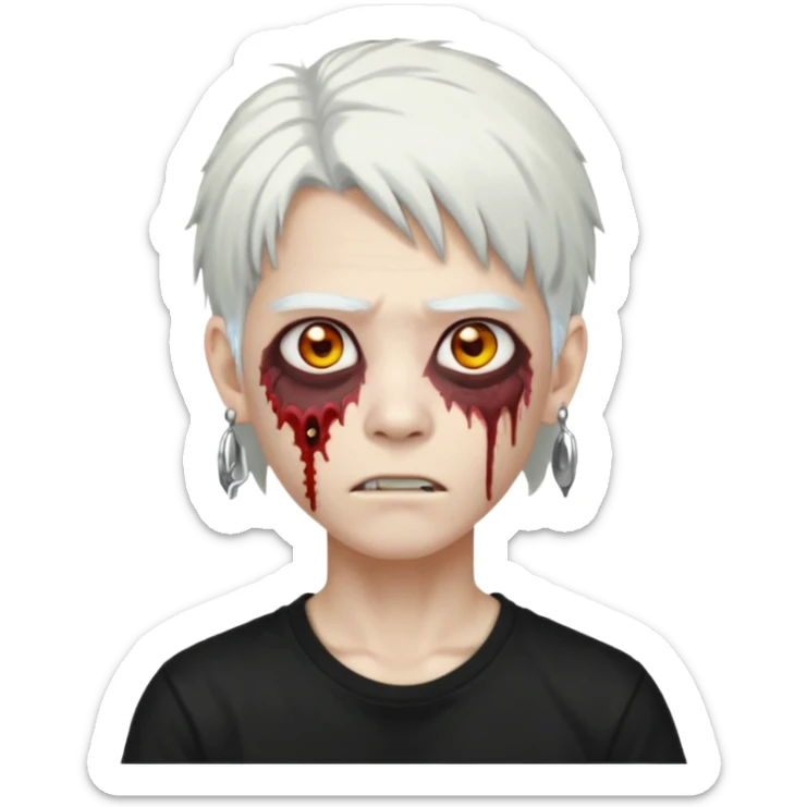ok make a zombie avatar that has pale skin, young, asian, mullet hair, white hair with earrings wearing just a black T shirt white blood from the eyes sticker