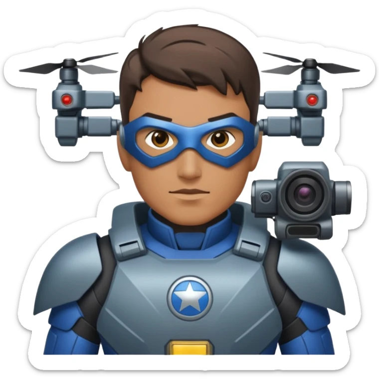 Un photographe homme high tech, une armure de terrain à la super héro. Il a des appareils photos, des caméras embarquées et un drone  sticker
