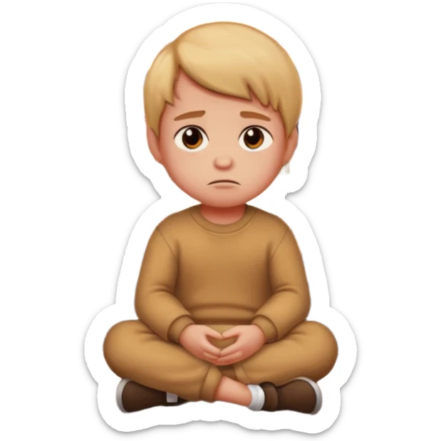 small child sitting sadly with a street on fire behind him, apple style emoji sticker