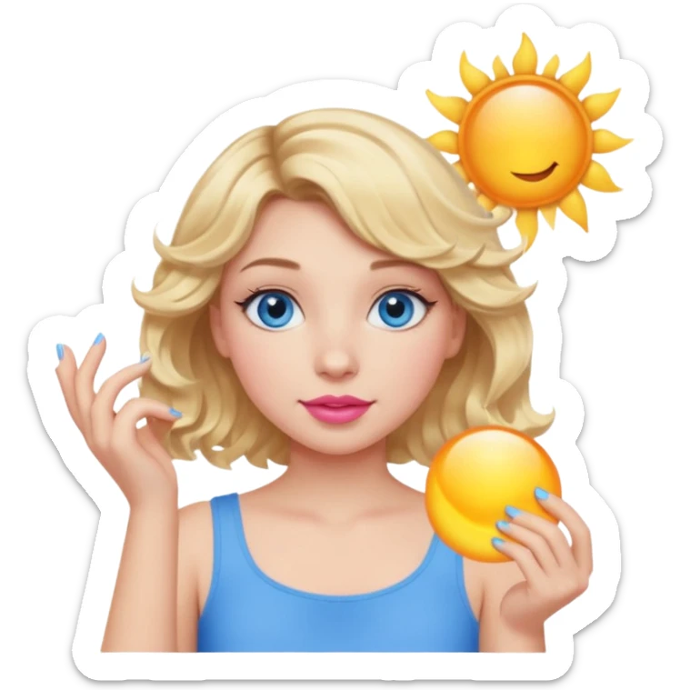Girl Blonde short wavy hair,  blue eyes, cute blue top, long lashes, pink lips, holding the one sun   sticker