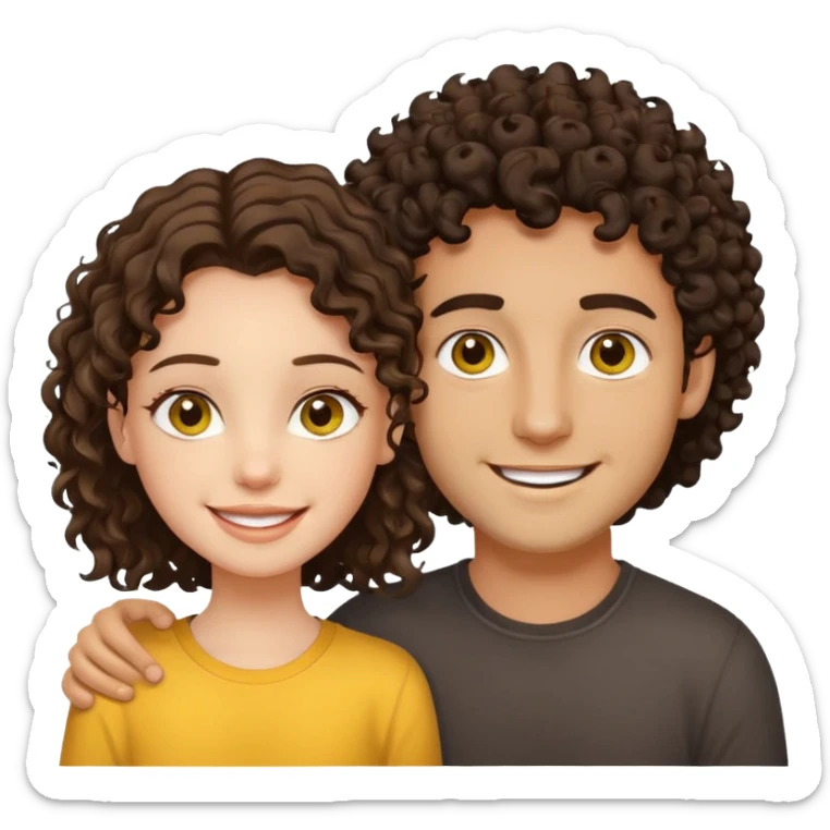 Sarı ve dağınık saçlı ela gözlü beyaz tenli erkek ve saçları koyu kahverengi kıvırcık  saçlı kız yan yana gülümsüyor sticker