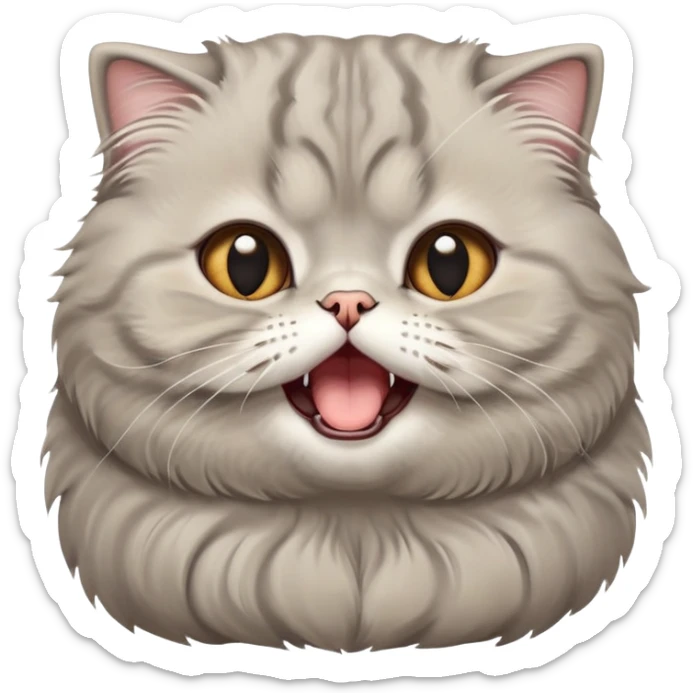 Cinematic-Adorable-Scottish-Fold-Cat-Portrait-Emoji – Big-eyed, fluffy Scottish Fold cat with a playful head tilt and a cute yawn, soft solid grey fur, tiny folded ears giving it an irresistibly sweet expression, simplified yet charmingly cute features, round amber eyes full of curiosity, highly detailed with a gentle glow. sticker