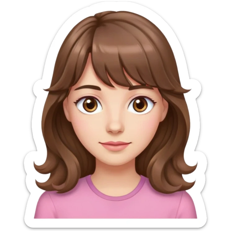 Adult woman, fair skin, long wavy brown hair with bangs, light brown eyes, pink shirt  sticker