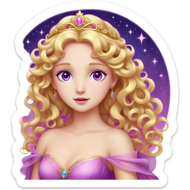 Cinematic Stunning Aurora Portrait Emoji, Ethereal in her flowing pink gown, golden curls shimmering, soft violet eyes filled with serenity, an enchanting glow surrounding her, capturing the beauty of a princess lost in a dream! sticker