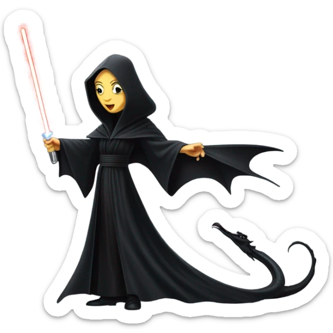  beautifully dressed teen Morticia Addams Jedi riding on the back of a very large black shiny evil-looking fire-spewing dragon. proper scale sticker