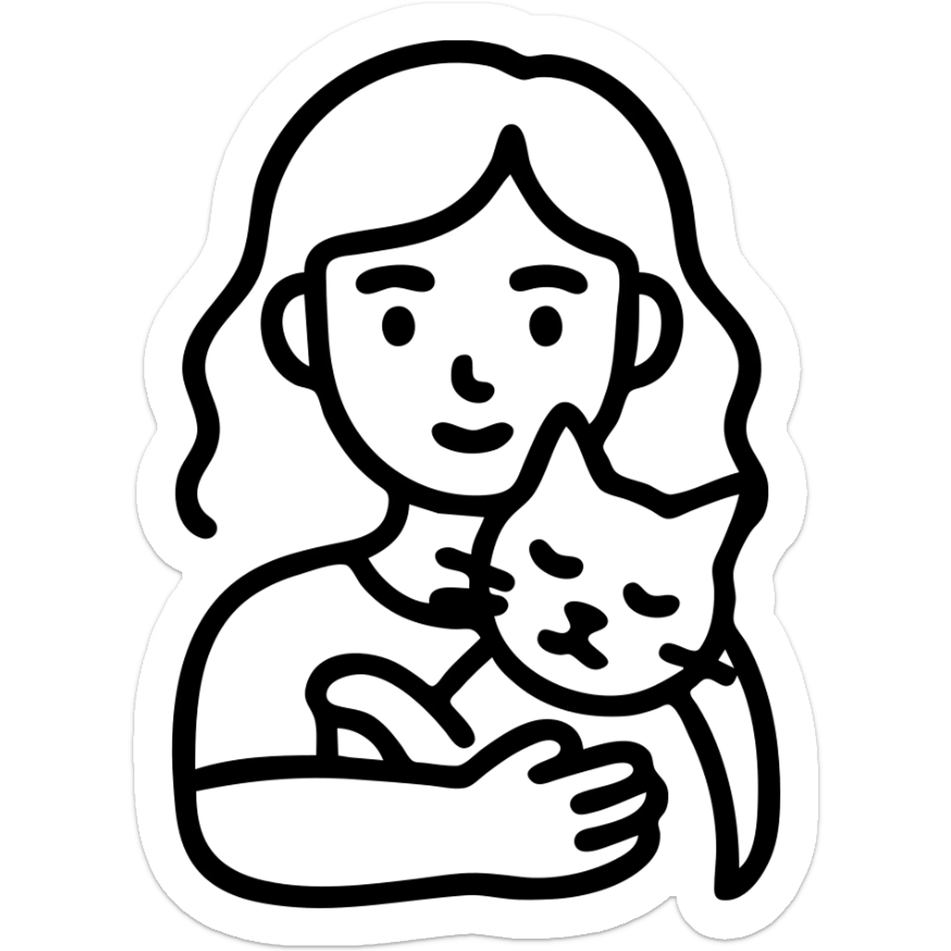 icon of a girl with medium black wavy hair, doe eyes, straight nose cuddling an orange and white cat sticker