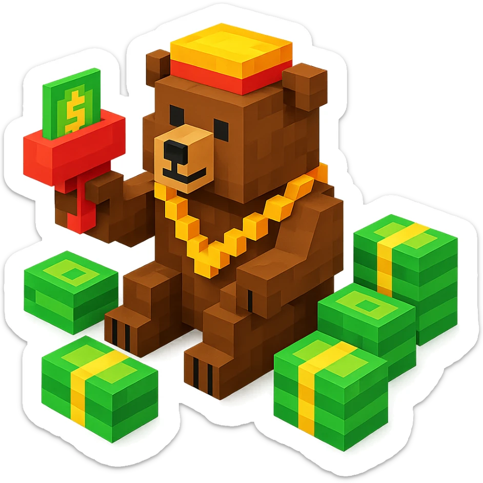 Russian grizzly bear with a rapper chain and a money gun, surrounded by stacks of money sticker