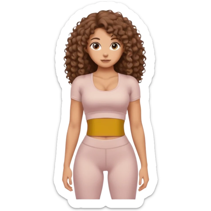 Create dream body girl with big glute and small waist and brown flat no volume curly long hair with pastel beige gym clothes  sticker