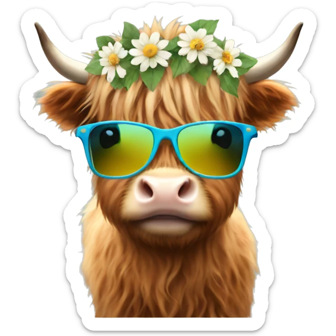 Baby highland cow with flower crown and sunglasses  sticker