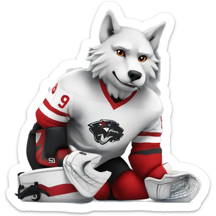 A wolf hockey player lies on the ice in a red white and black uniform A wolf hockey player lies on the ice in a red white and black uniform sticker