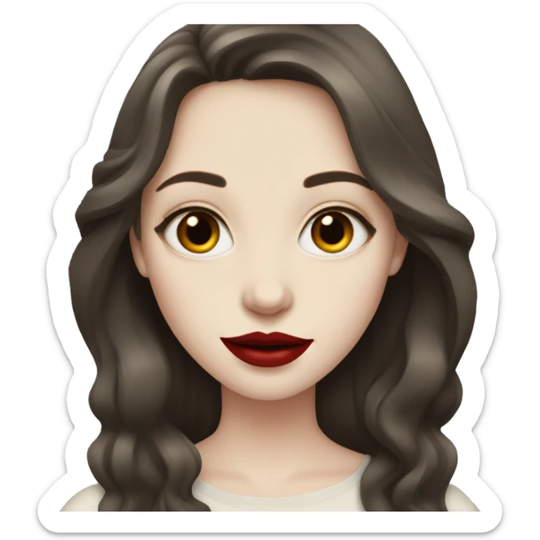 Pale skin girl with long dark brown hair and red lipstick sticker