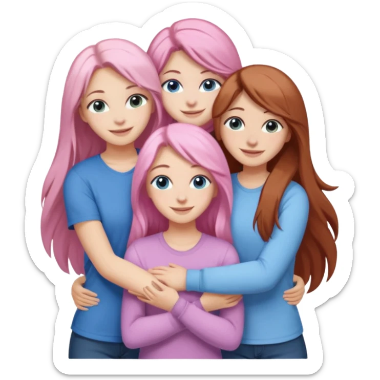 four white girlfriends hugging and smiling    2 girls with brown eyes and long dark brown hair. One with long light pink hair and blue eyes, one girl with blue eyes and light blonde hair sticker