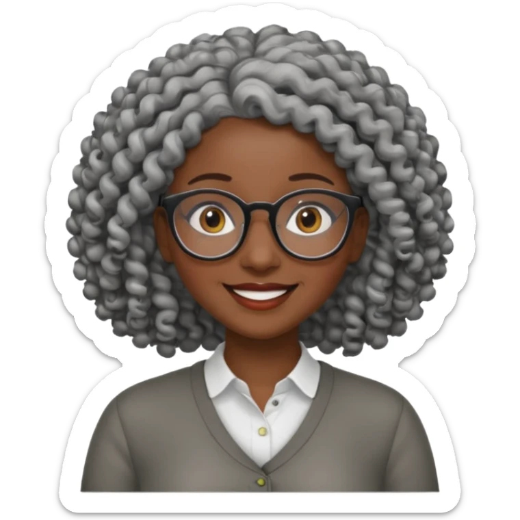 smiling dark black woman wearing glasses with lots of curly gray hair a sticker