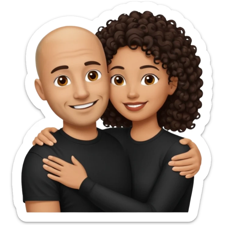 A picture of a tanned couple embracing. the man is a Mexican man with tanned skin, a bald hair cut, short beard and wearing a black shirt. the woman is mixed, with long curly dark brown hair and with big boobs  sticker
